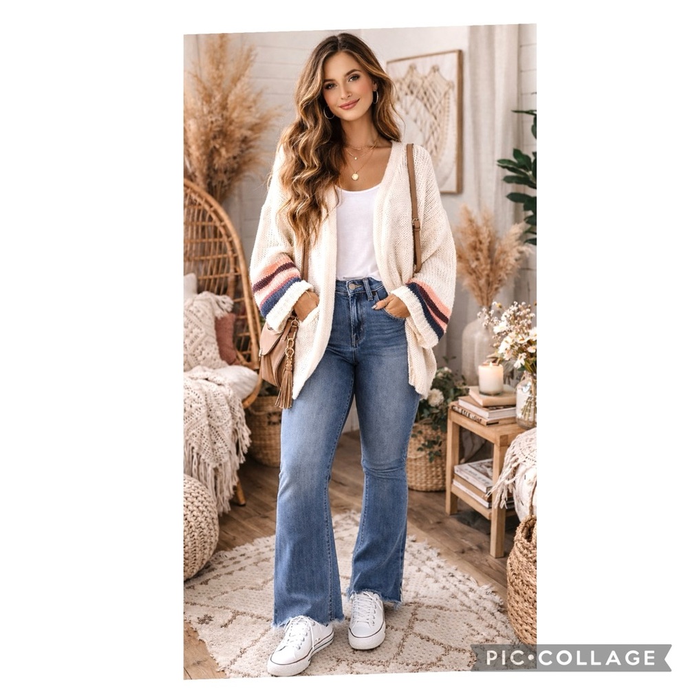 Luxveer NWT Cream Open Front Cardigan XL Oversized Boho Knit Stripe Sleeve